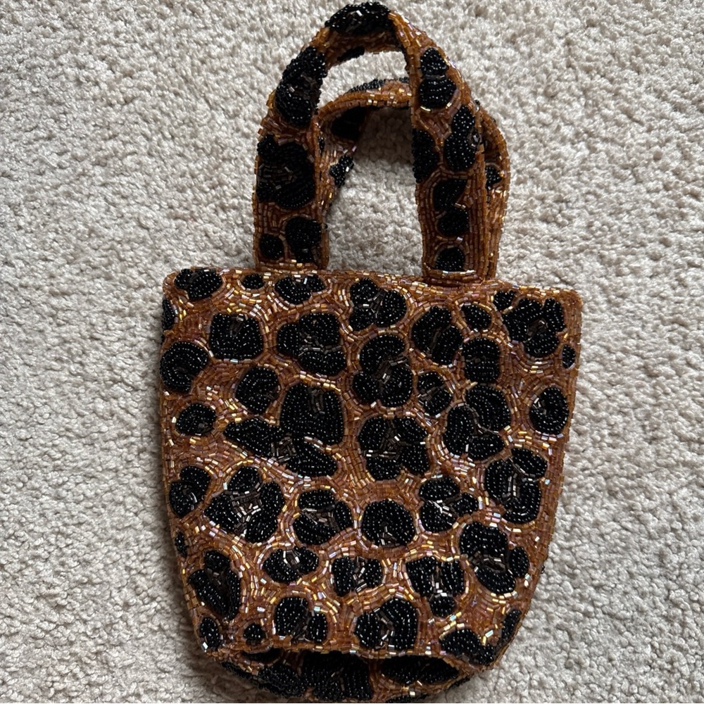 Vintage mid-century beaded leopard print mini handbag silk lined